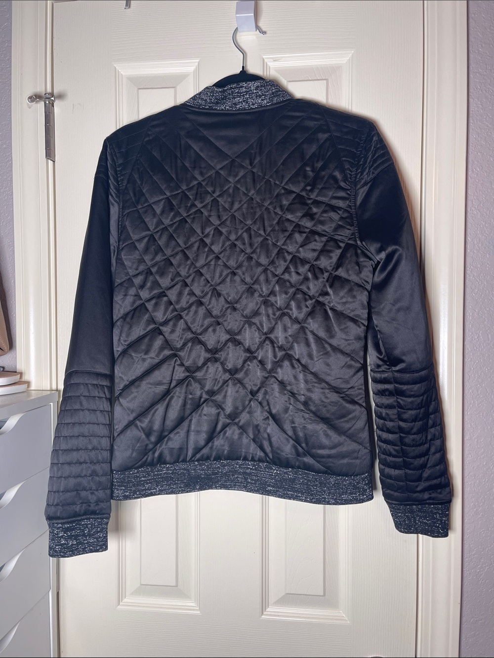 Harley-Davidson Black Quilted Bomber with Gray Ribbed Trim and Leopard Lining - Picture 4 of 5